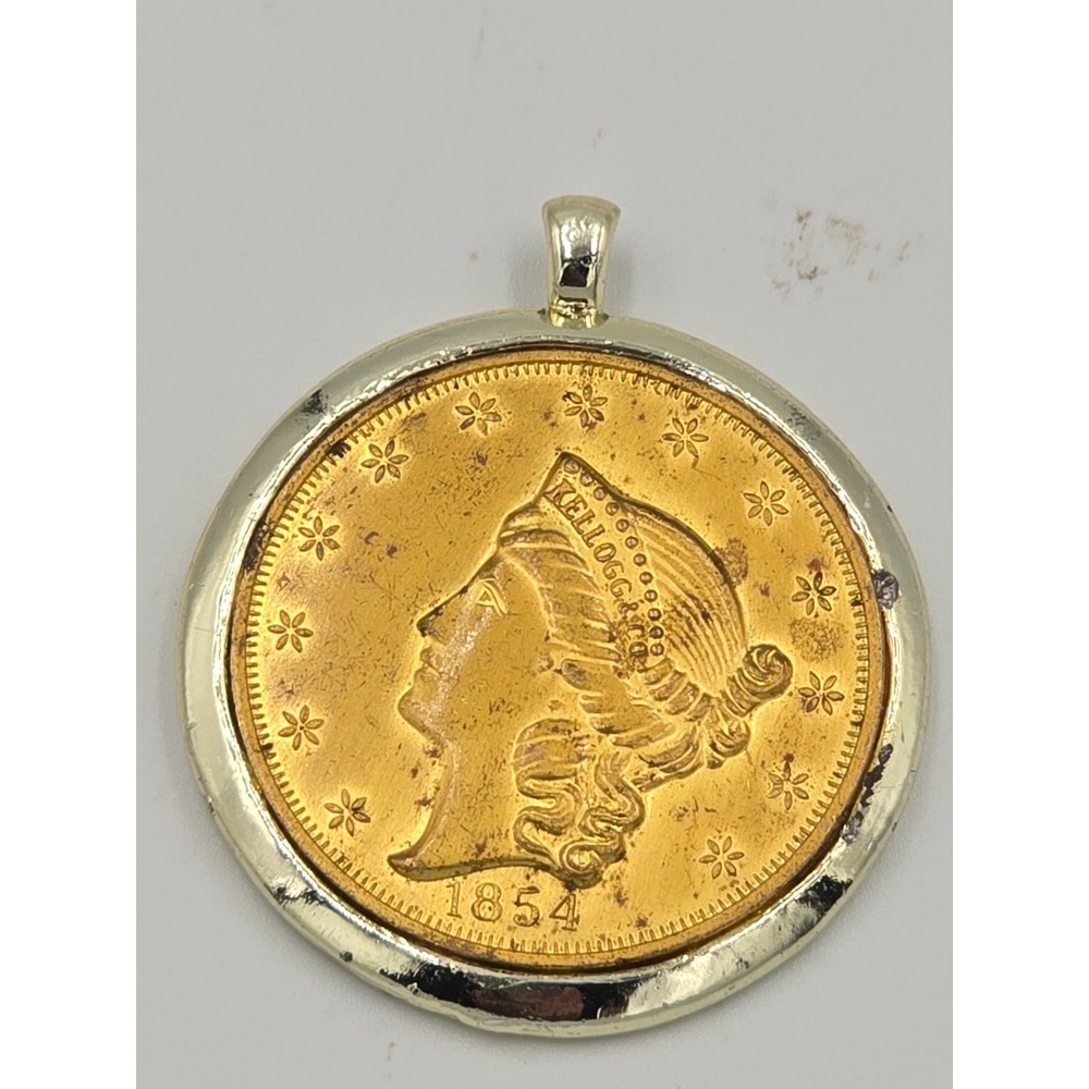 Vtg 1854 Kellogg & Co $20 Replica Coin Pendant Gold Tone Liberty Costume Jewelry